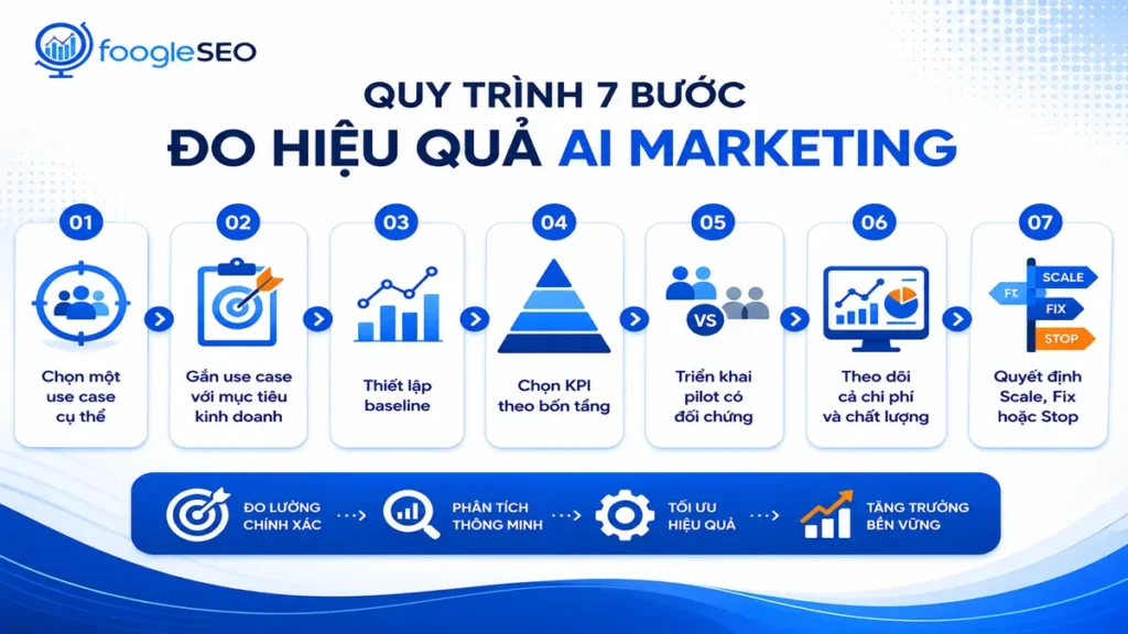 Infographic quy trình 7 bước đo hiệu quả AI Marketing minh họa các bước từ chọn use case, gắn mục tiêu kinh doanh, thiết lập baseline, chọn KPI bốn tầng, triển khai pilot, theo dõi hiệu quả đến quyết định Scale, Fix hoặc Stop