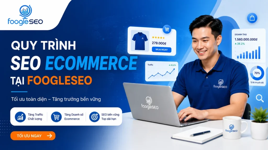 Banner giới thiệu quy trình SEO Ecommerce tại FOOGLESEO với chuyên gia SEO đang làm việc trên laptop, giao diện website thương mại điện tử, biểu đồ tăng trưởng doanh thu và thông điệp tối ưu toàn diện giúp tăng traffic, doanh số và phát triển bền vững.