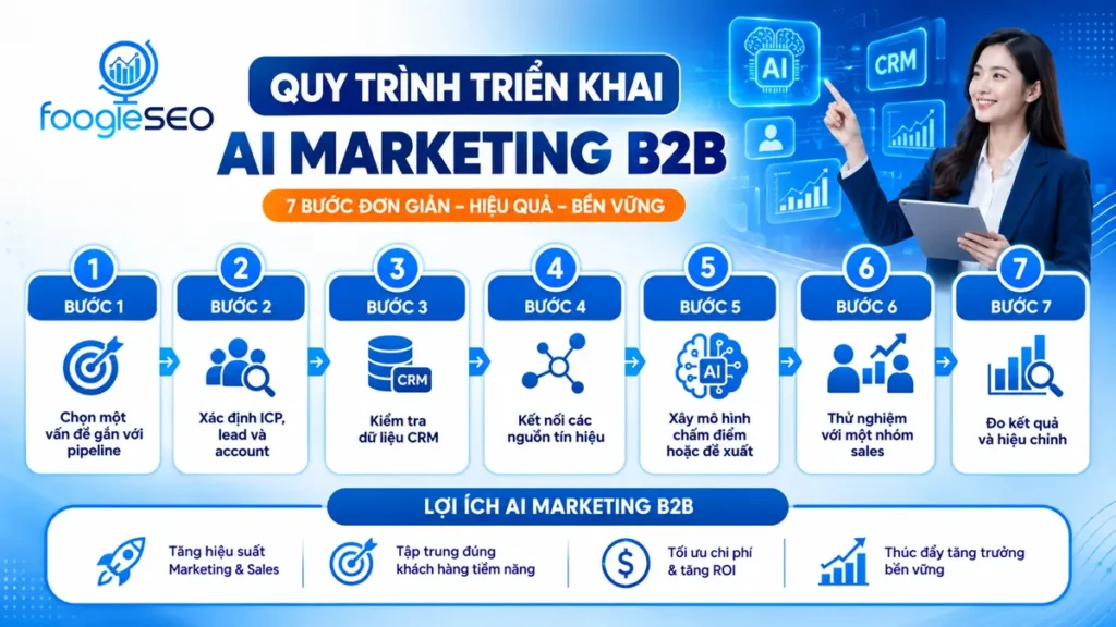Hình minh họa quy trình 7 bước triển khai AI Marketing b2b