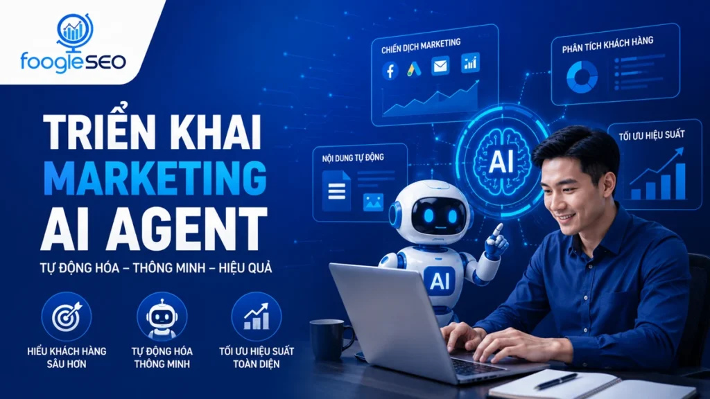Minh họa triển khai Marketing AI Agent với chuyên gia marketing làm việc cùng trợ lý AI, giao diện phân tích chiến dịch, tự động hóa nội dung, phân tích khách hàng và tối ưu hiệu suất