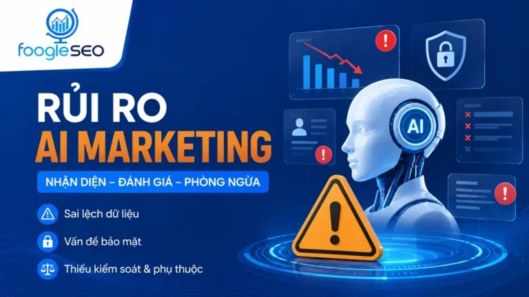 Minh họa rủi ro AI Marketing với robot AI, biểu đồ suy giảm, biểu tượng cảnh báo và bảo mật, giúp doanh nghiệp nhận diện, đánh giá và phòng ngừa các nguy cơ khi ứng dụng AI trong marketing.