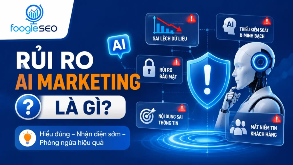 Hình minh họa giải thích rủi ro AI Marketing với robot AI, biểu tượng bảo mật và các nguy cơ như sai lệch dữ liệu, thiếu minh bạch, nội dung sai thông tin và mất niềm tin khách hàng.