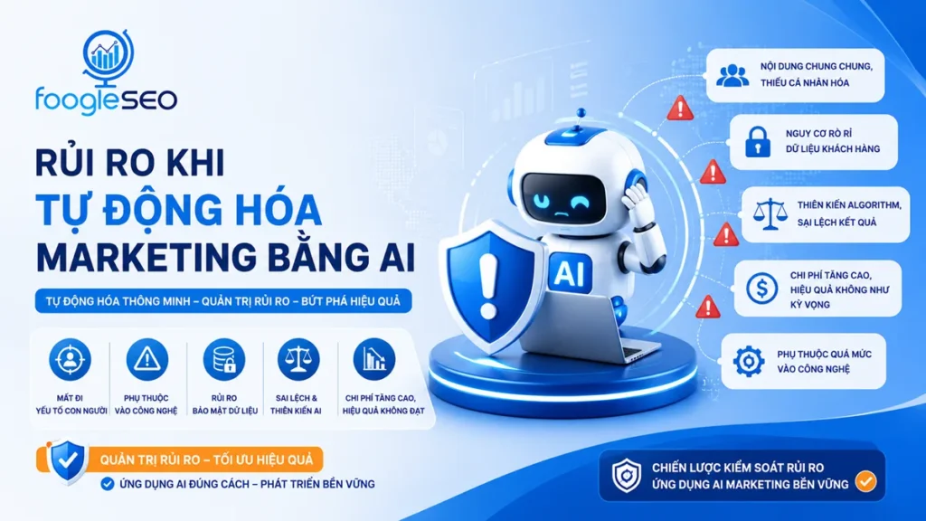 Hình ảnh minh họa rủi ro khi tự động hóa Marketing bằng AI, bao gồm mất cá nhân hóa, rủi ro bảo mật dữ liệu, thiên kiến AI và phụ thuộc công nghệ