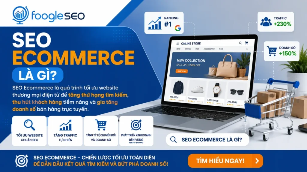Hình ảnh minh họa SEO Ecommerce là quá trình tối ưu website thương mại điện tử để tăng thứ hạng tìm kiếm, thu hút khách hàng tiềm năng và gia tăng doanh số bán hàng trực tuyến.