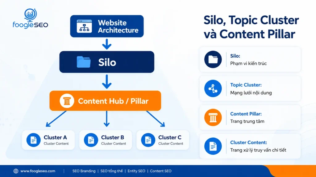 Quan hệ giữa cấu trúc silo, Topic Cluster, Content Pillar và Cluster Content