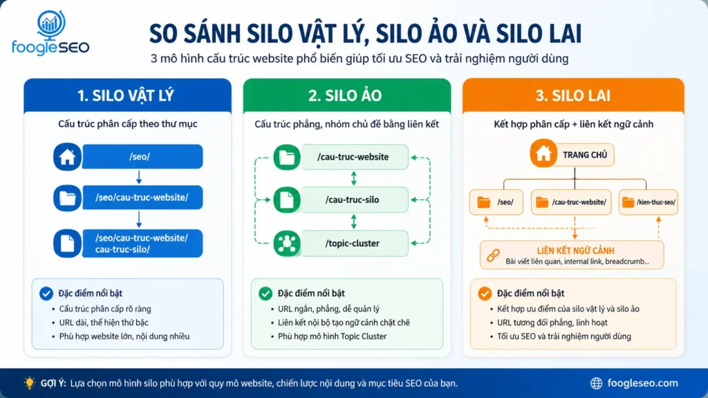So sánh cấu trúc silo vật lý, silo ảo và silo lai trong SEO