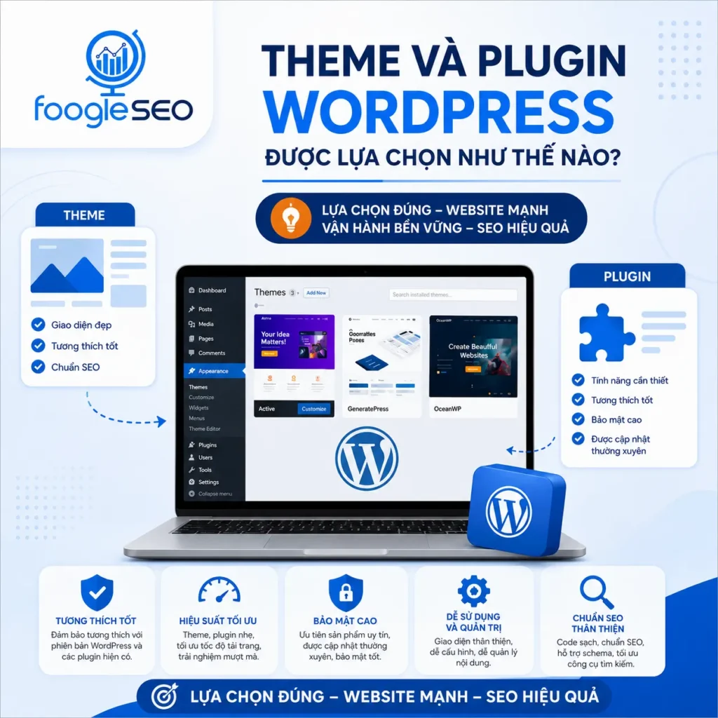 Hình minh họa Theme và Plugin WordPress được lựa chọn như thế nào với giao diện quản trị WordPress và các tiêu chí lựa chọn gồm tương thích, hiệu suất, bảo mật, dễ sử dụng và chuẩn SEO.
