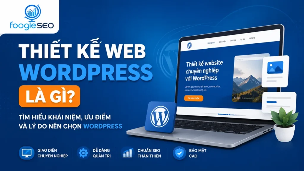Hình minh họa thiết kế web WordPress với giao diện website trên máy tính  và các lợi ích như chuẩn SEO, dễ quản trị, bảo mật cao và giao diện chuyên nghiệp.