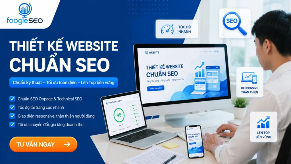 Dịch vụ thiết kế website chuẩn SEO giúp doanh nghiệp tối ưu tốc độ tải trang, giao diện responsive, cải thiện trải nghiệm người dùng và tăng thứ hạng Google.