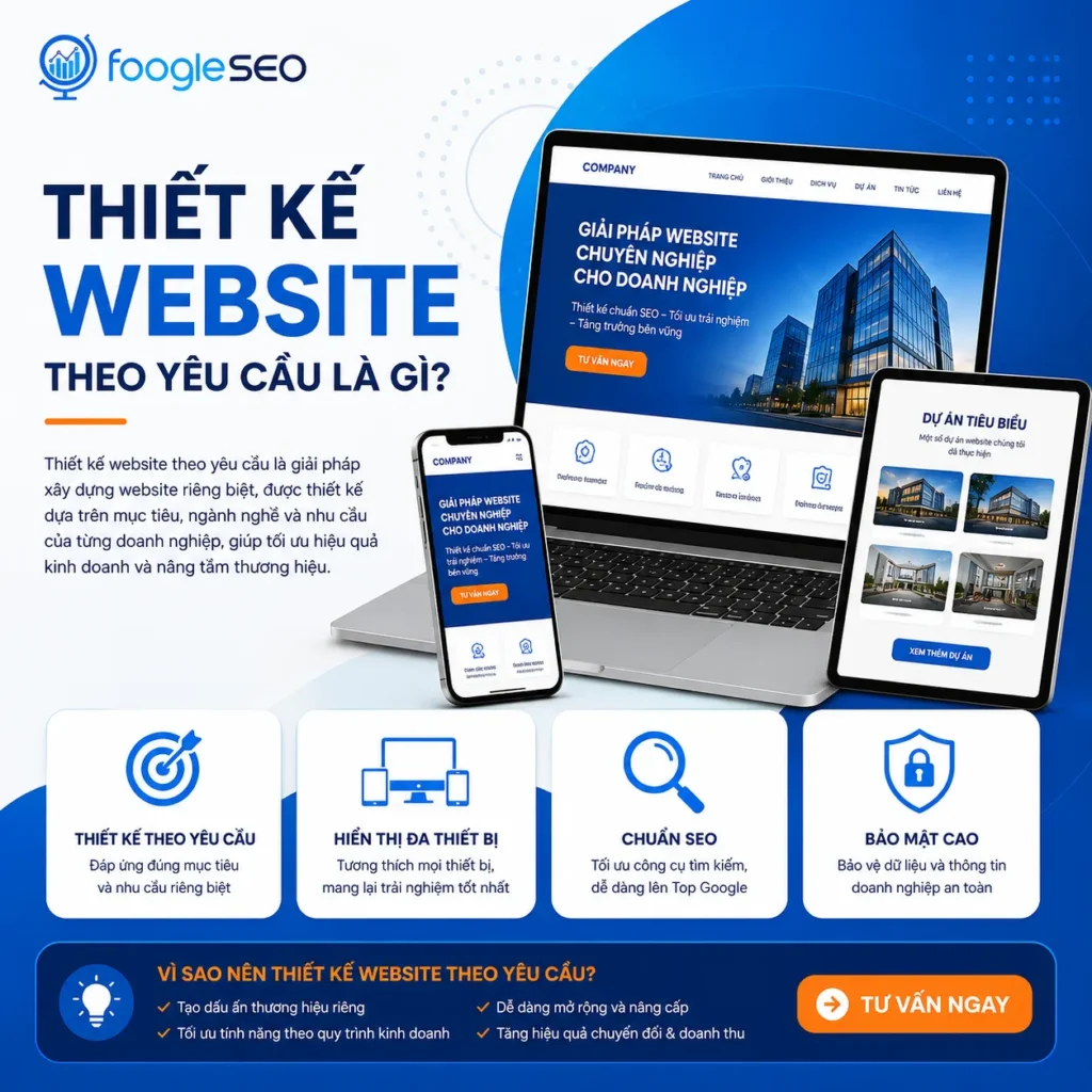 Hình minh họa dịch vụ thiết kế website chuẩn SEO với giao diện hiện đại, tối ưu trải nghiệm người dùng và hiển thị trên nhiều thiết bị.