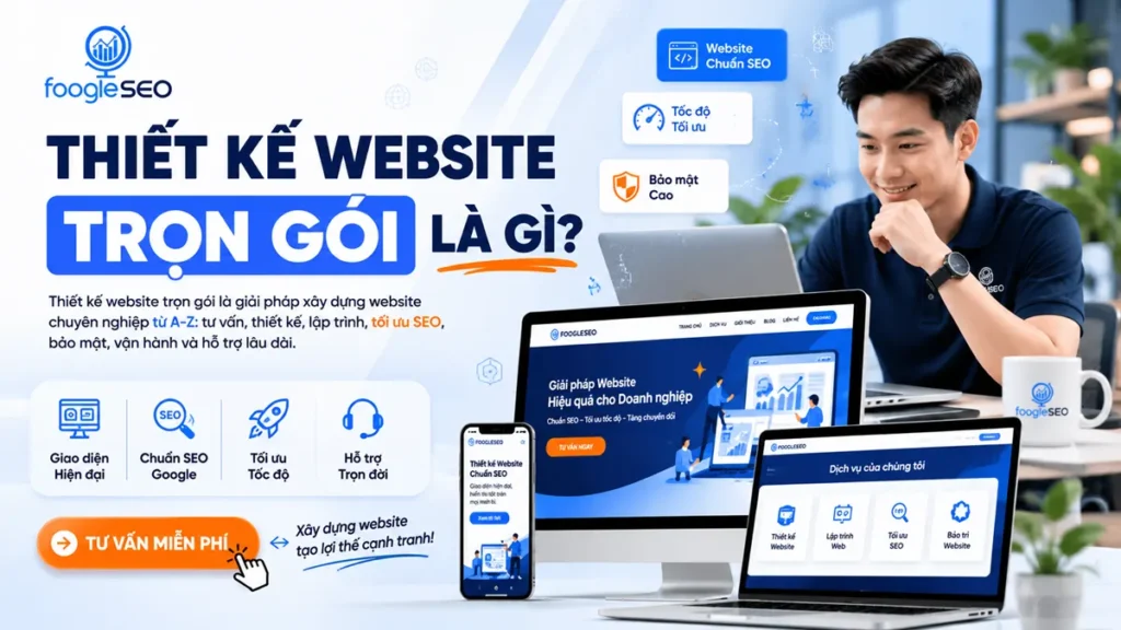 Thiết kế website trọn gói là giải pháp xây dựng website chuyên nghiệp với giao diện hiện đại, chuẩn SEO, tối ưu tốc độ, bảo mật cao và hiển thị tốt trên mọi thiết bị.
