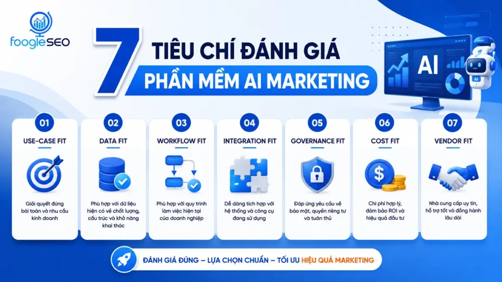 Infographic trình bày 7 tiêu chí đánh giá phần mềm AI Marketing gồm Use-case Fit, Data Fit, Workflow Fit, Integration Fit, Governance Fit, Cost Fit và Vendor Fit, giúp doanh nghiệp lựa chọn giải pháp AI phù hợp