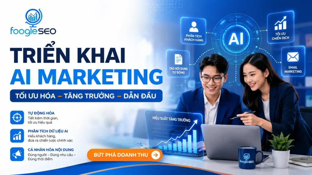 Triển khai AI Marketing giúp doanh nghiệp tự động hóa marketing, phân tích dữ liệu khách hàng, tối ưu chiến dịch và tăng trưởng doanh thu với giải pháp AI của FOOGLESEO.