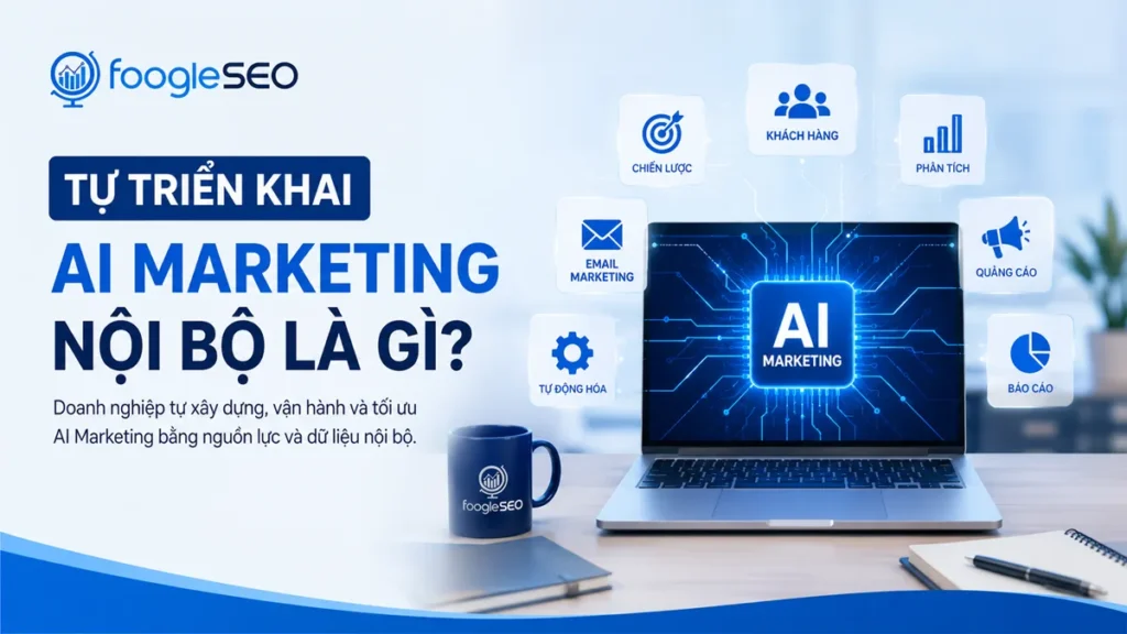 Hình minh họa doanh nghiệp tự triển khai AI Marketing nội bộ bằng đội ngũ, dữ liệu và công nghệ để xây dựng, vận hành và tối ưu hoạt động marketing.