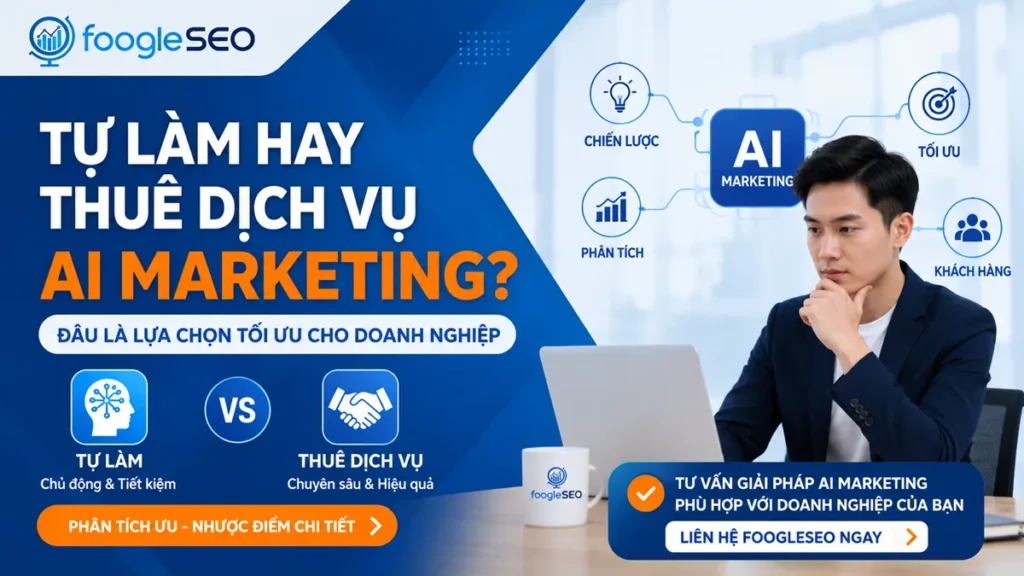 Hình minh họa so sánh tự làm hay thuê dịch vụ AI Marketing, giúp doanh nghiệp lựa chọn giải pháp tối ưu để xây dựng chiến lược, phân tích dữ liệu và nâng cao hiệu quả marketing bằng AI.