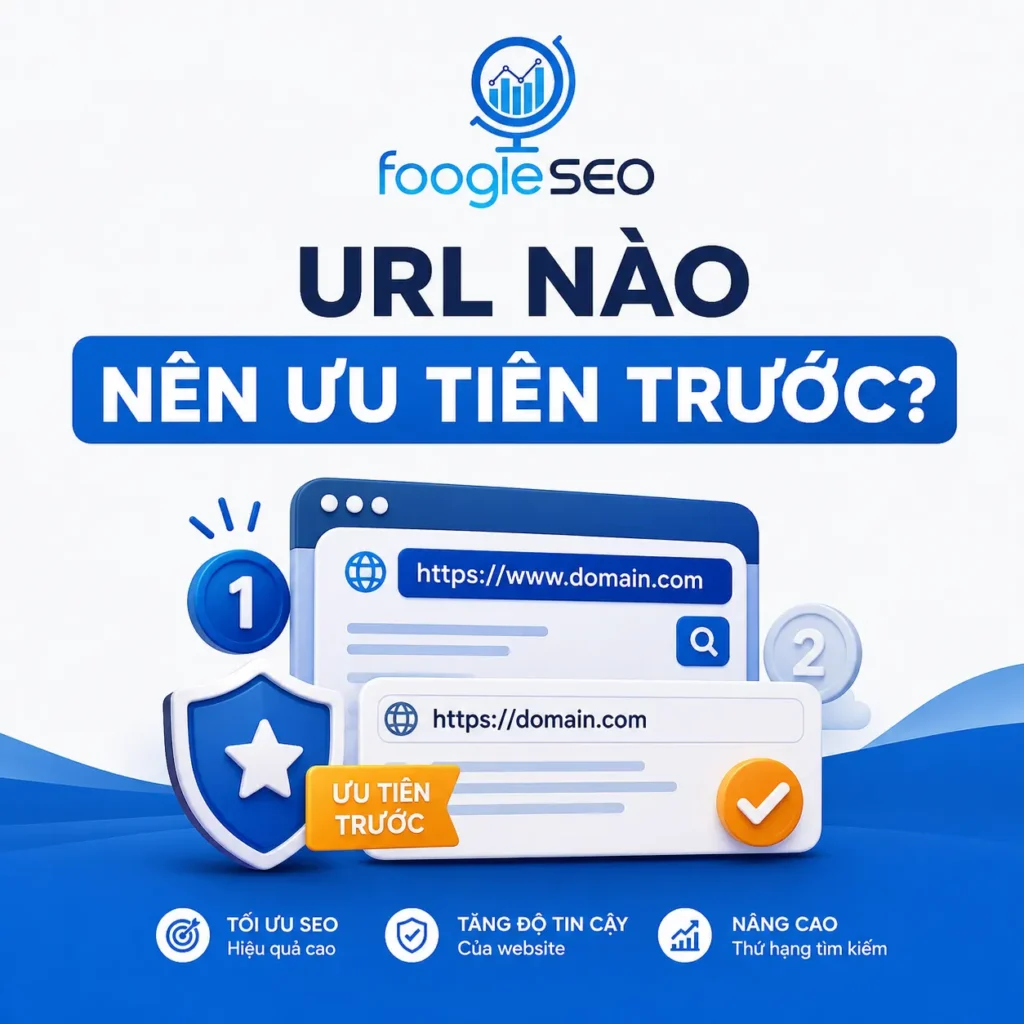 Infographic minh họa URL nào nên ưu tiên trước để tối ưu SEO, so sánh URL chính và URL ưu tiên lập chỉ mục nhằm tăng độ tin cậy website và cải thiện thứ hạng tìm kiếm.
