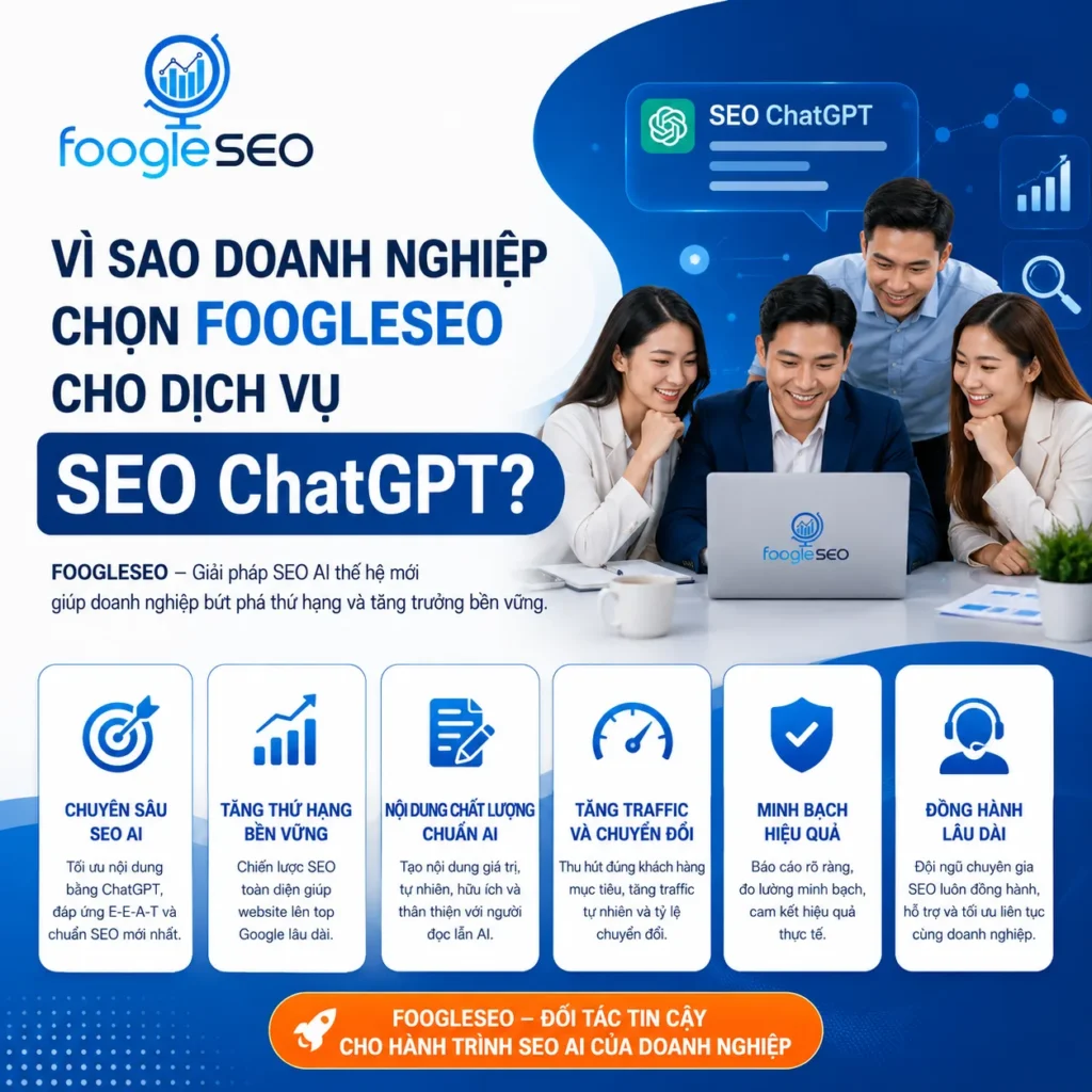 Banner giới thiệu lý do doanh nghiệp chọn FOOGLESEO cho dịch vụ SEO ChatGPT, giúp tối ưu nội dung AI, tăng thứ hạng Google và phát triển website bền vững.