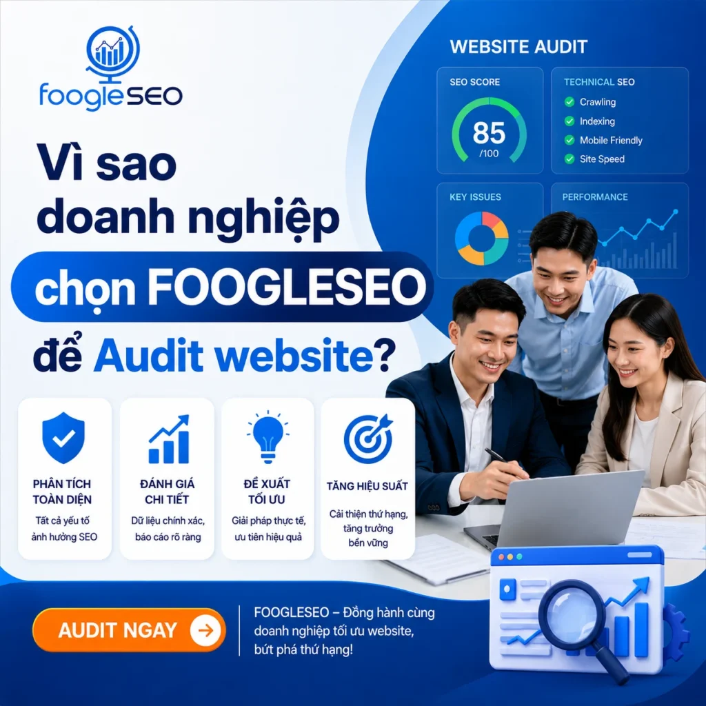 Infographic giới thiệu lý do doanh nghiệp chọn FOOGLESEO để audit website, phân tích SEO toàn diện và tối ưu hiệu suất.