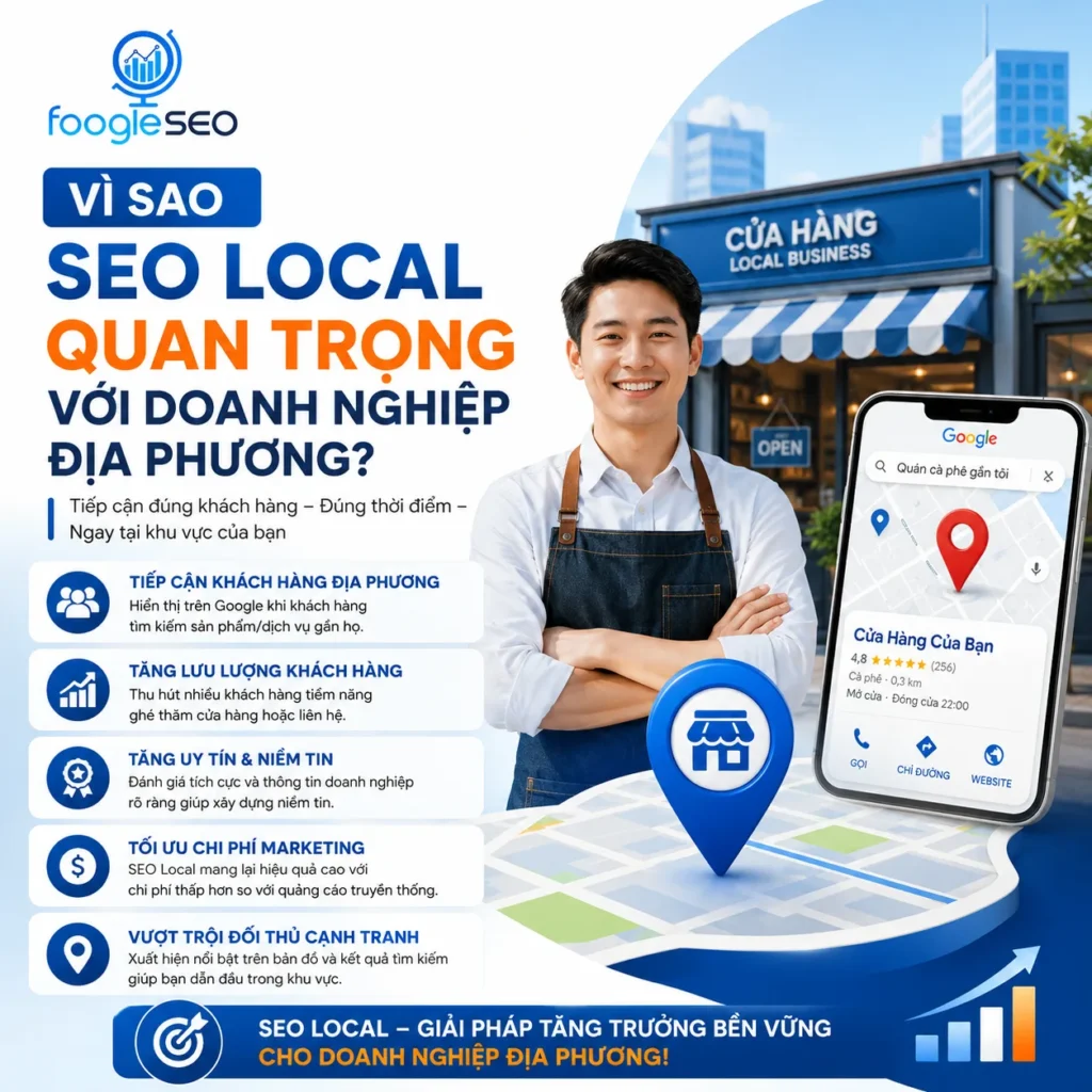 SEO Local giúp doanh nghiệp địa phương tăng khả năng hiển thị trên Google Maps, tiếp cận khách hàng gần khu vực, nâng cao uy tín thương hiệu và tăng doanh thu từ tìm kiếm địa phương.