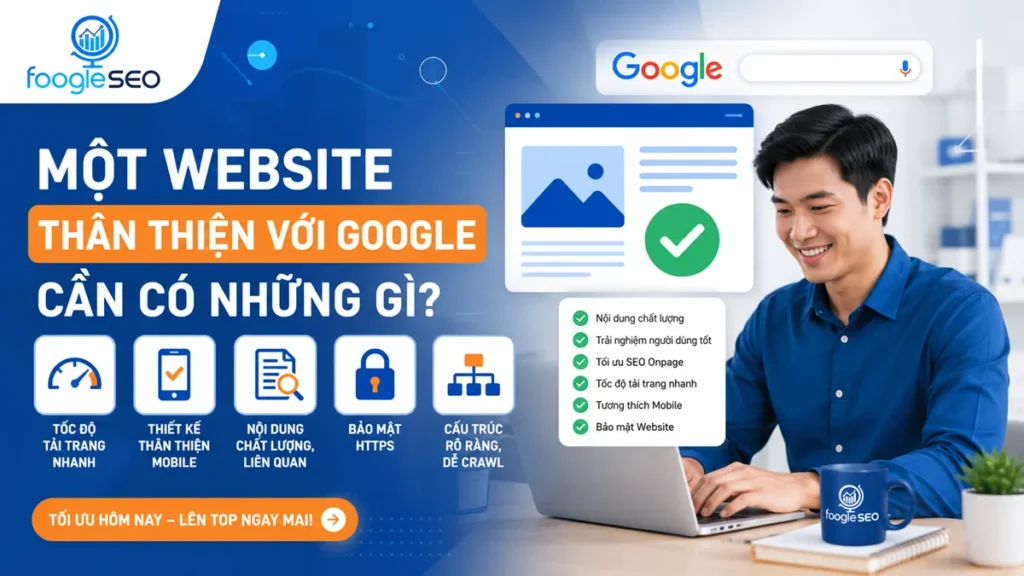 Website thân thiện với Google đáp ứng tốc độ tải nhanh, thiết kế mobile-friendly, nội dung chất lượng, bảo mật HTTPS và cấu trúc website rõ ràng để tối ưu SEO.