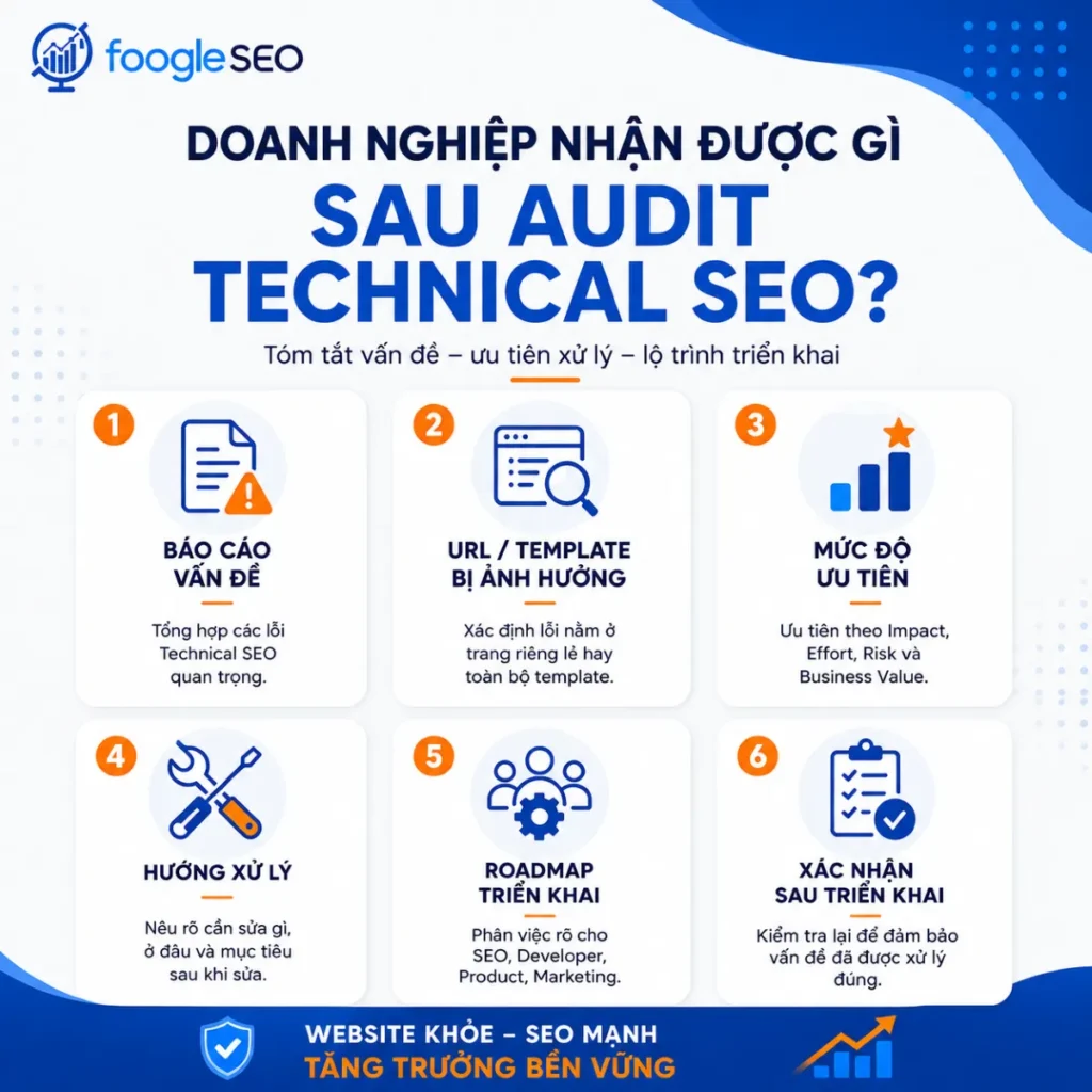 Hình mô tả những lợi ích doanh nghiệp nhận được sau Audit Technical SEO gồm phát hiện lỗi kỹ thuật, đánh giá hiệu suất, xác định cơ hội tăng trưởng, ưu tiên xử lý và cải thiện hiệu quả website.