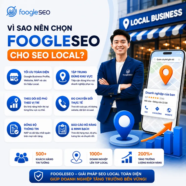 FOOGLESEO cung cấp dịch vụ SEO Local tối ưu Google Business Profile, website, độ phủ theo vị trí, chuyển đổi và thông tin doanh nghiệp để tăng khả năng hiển thị và tăng trưởng khách hàng địa phương.
