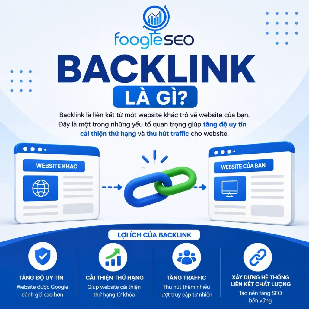 Hình minh họa Backlink là gì với biểu tượng liên kết giữa hai website và các lợi ích như tăng uy tín, cải thiện thứ hạng từ khóa và tăng lưu lượng truy cập tự nhiên.