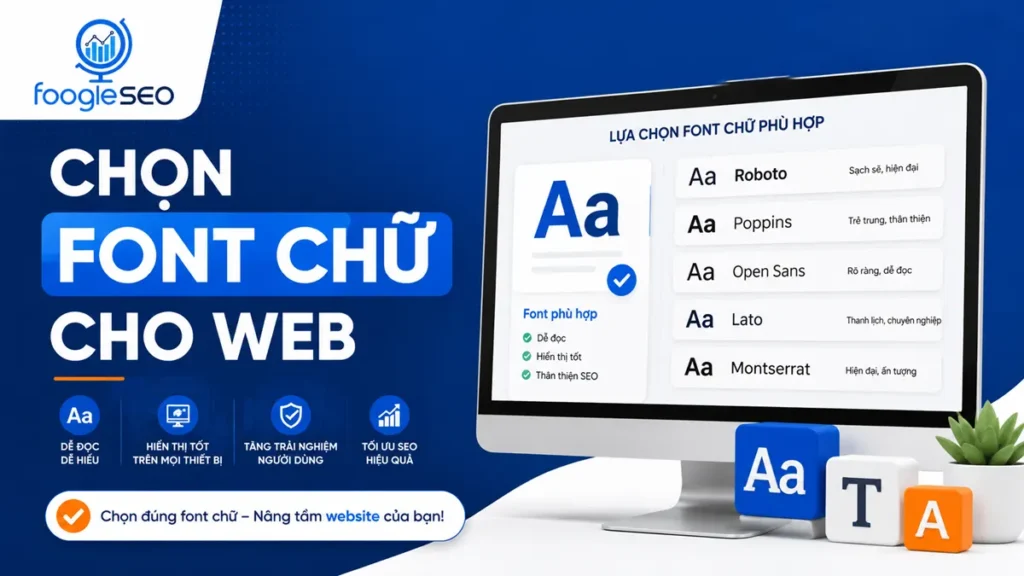 Banner chọn font chữ cho web giới thiệu các font Roboto, Poppins, Open Sans, Lato và Montserrat giúp website dễ đọc, hiển thị đẹp và chuẩn SEO.