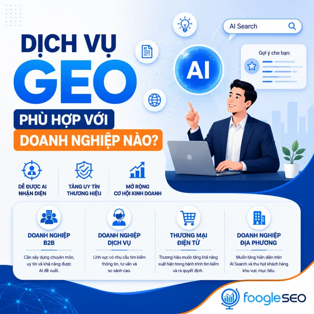 Dịch vụ GEO giúp doanh nghiệp B2B, doanh nghiệp dịch vụ và thương mại điện tử tăng khả năng được AI nhận diện và đề xuất.