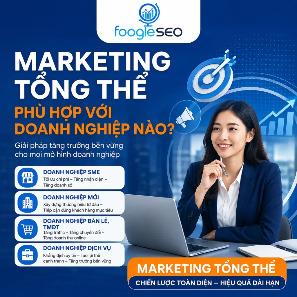 Infographic Marketing tổng thể phù hợp với doanh nghiệp SME, doanh nghiệp mới, doanh nghiệp bán lẻ, TMĐT và doanh nghiệp dịch vụ.