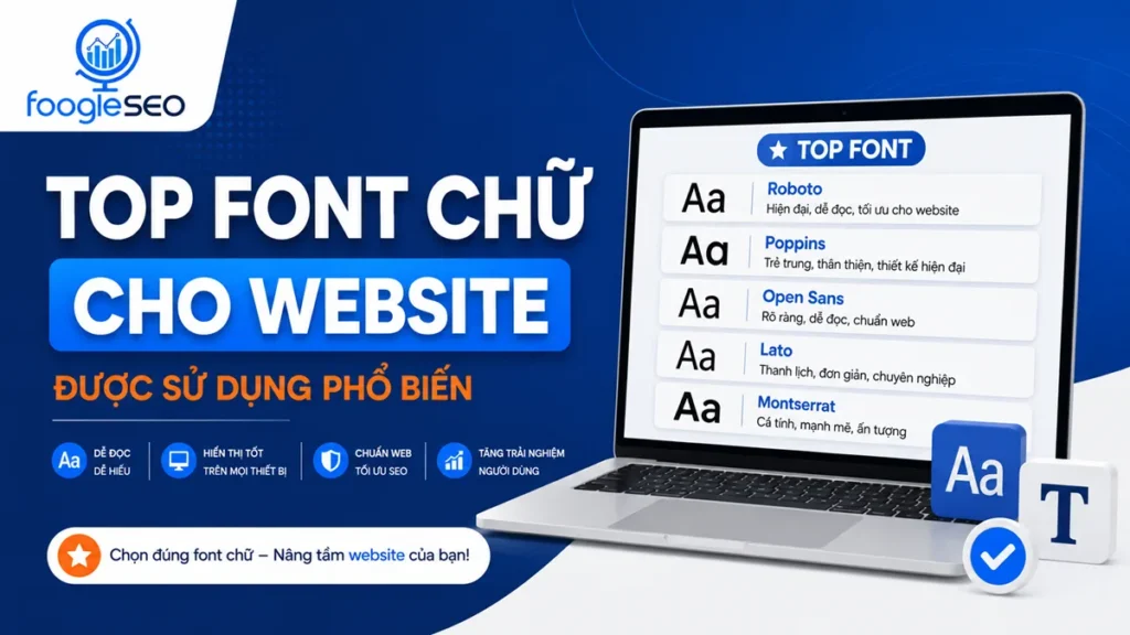 Banner Top font chữ cho website được sử dụng phổ biến giới thiệu Roboto, Poppins, Open Sans, Lato và Montserrat giúp website dễ đọc, hiển thị chuyên nghiệp và tối ưu SEO.