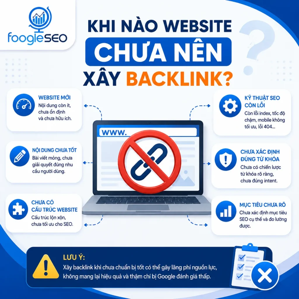 Infographic hướng dẫn khi nào website chưa nên xây backlink, bao gồm website mới, nội dung mỏng, lỗi Technical SEO, cấu trúc website chưa tối ưu và mục tiêu SEO chưa rõ ràng.