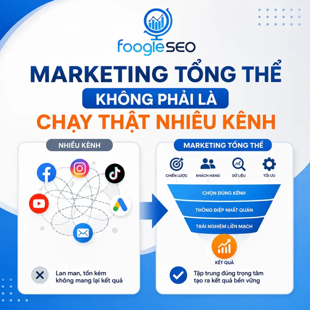 Infographic minh họa marketing tổng thể không phải là chạy nhiều kênh mà là xây dựng chiến lược, dữ liệu và trải nghiệm khách hàng đồng bộ.