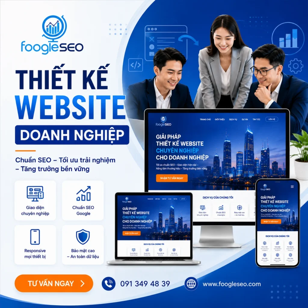 Thiết kế website doanh nghiệp chuẩn SEO với giao diện chuyên nghiệp, tương thích đa thiết bị và tối ưu trải nghiệm người dùng.