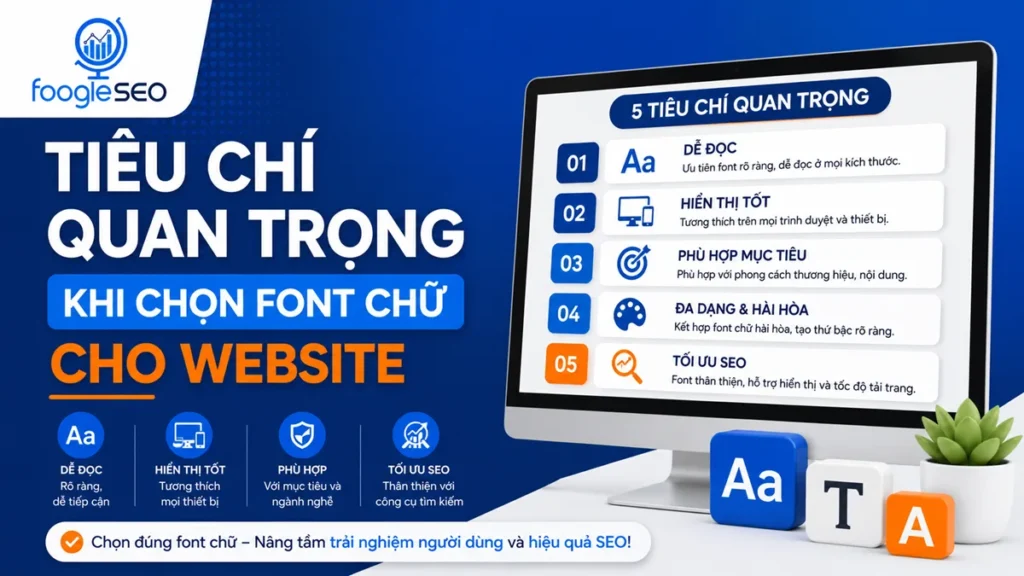 Banner tiêu chí quan trọng khi chọn font chữ cho website với các yếu tố dễ đọc, hiển thị tốt, phù hợp thương hiệu và tối ưu SEO.
