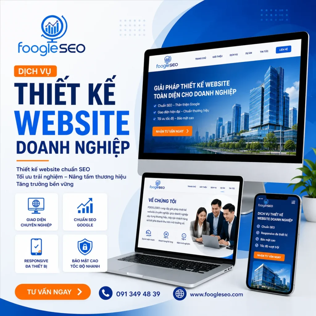 Hình ảnh giới thiệu dịch vụ thiết kế website doanh nghiệp của FOOGLESEO với website chuẩn SEO và hiển thị trên mọi thiết bị.