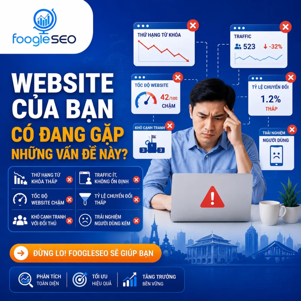 Infographic mô tả các vấn đề website thường gặp gồm thứ hạng từ khóa giảm, traffic không ổn định, tốc độ tải chậm, tỷ lệ chuyển đổi thấp và trải nghiệm người dùng kém.
